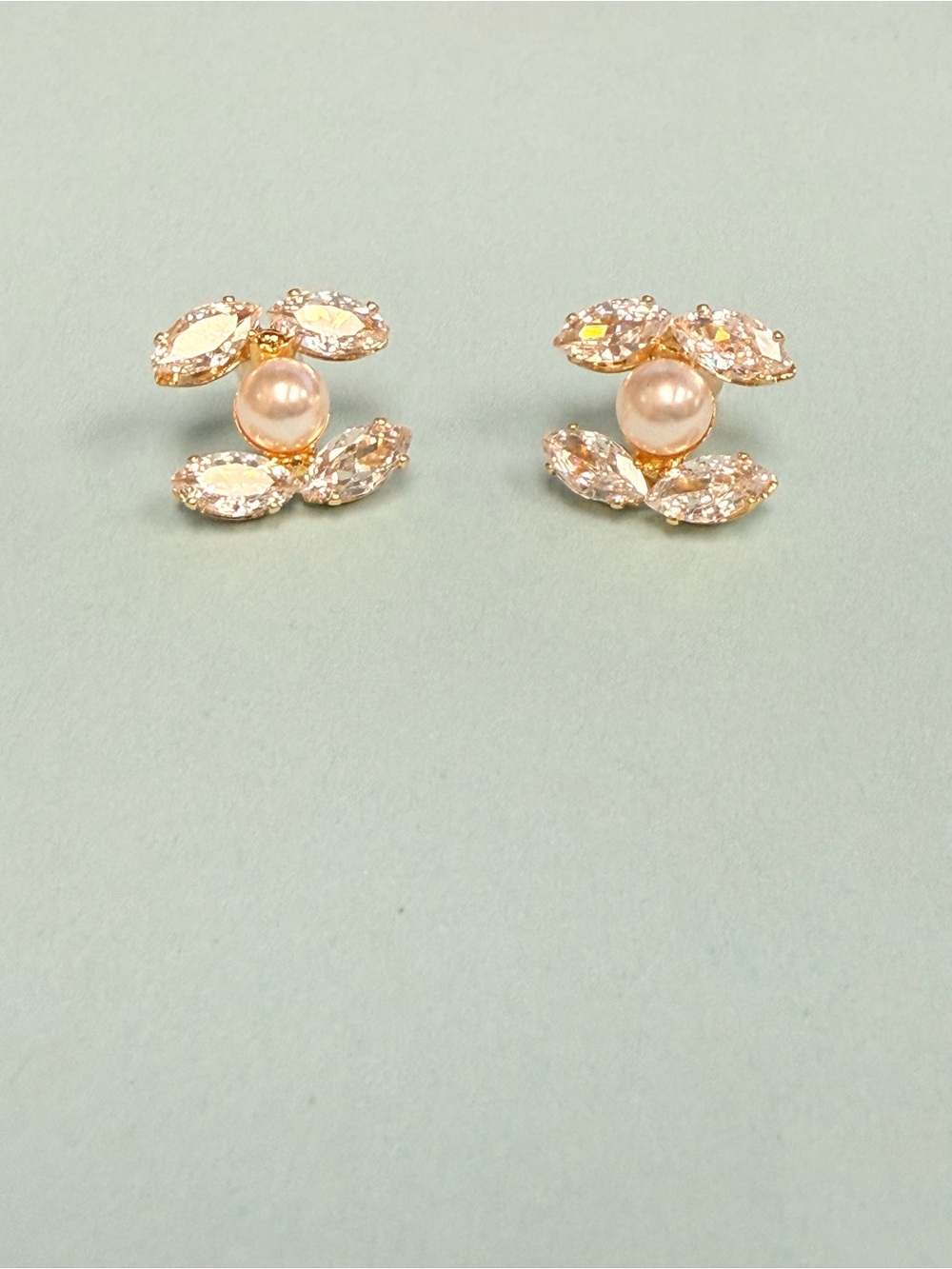 Lulu's Gold Pearl & Crystal Double-Leaf Stud Earrings